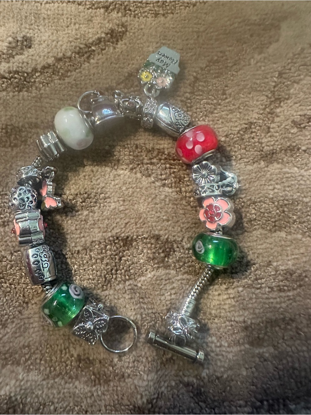 Silver Charm Bracelet with Red, Green & White Glass Beads for May